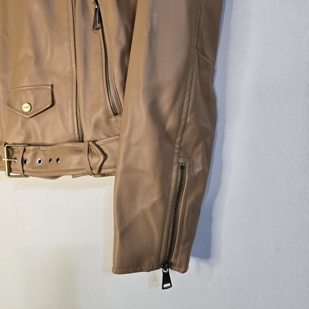 DKNY Women's Size Large Tan Faux Leather Moto Jacket, Belted With Zipper Details - Picture 8 of 11